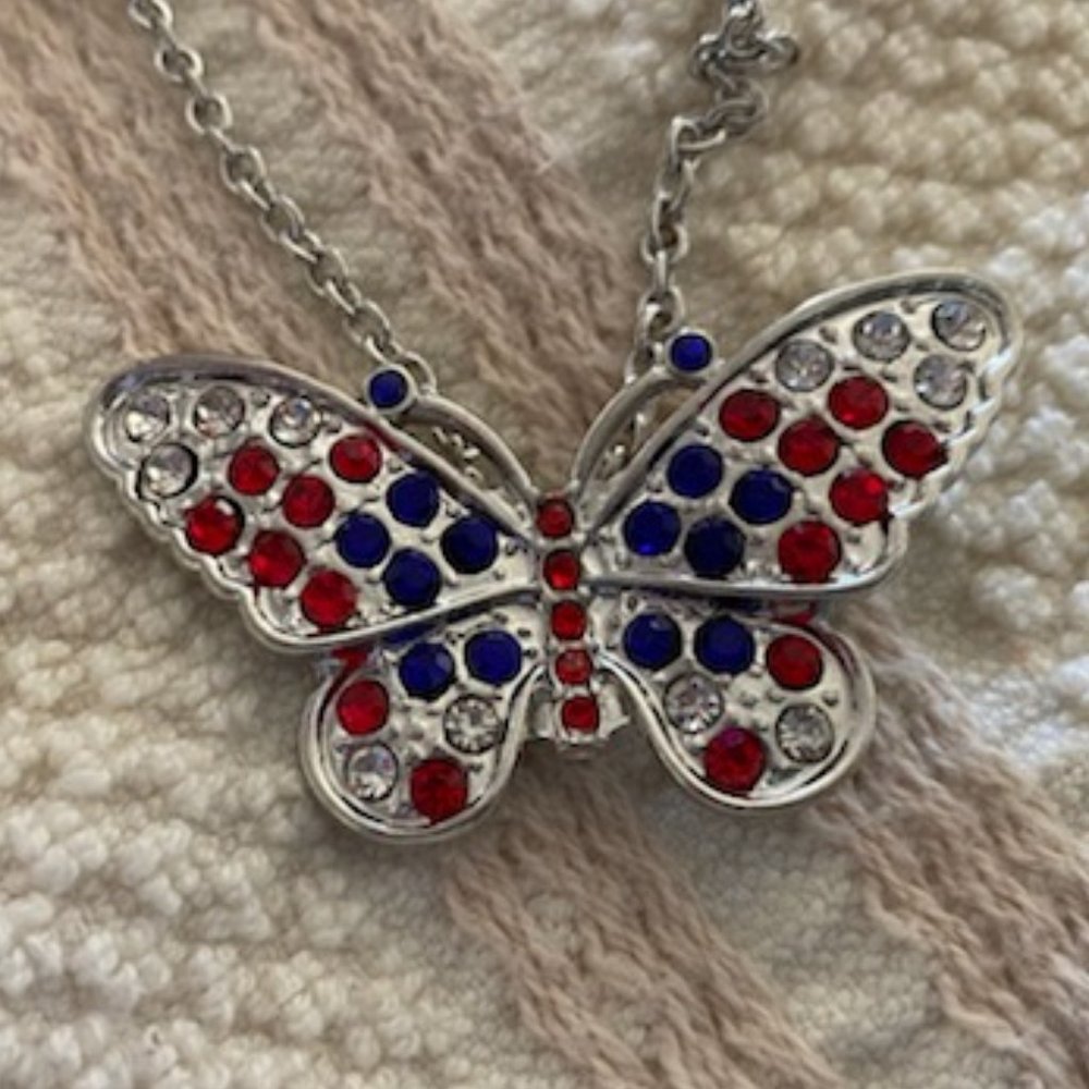 NIB * SILVER-tone BUTTERFLY necklace w RED * BLUE * WHITE CZs * chain w/extender
